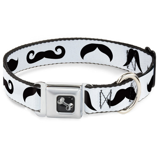 Dog Bone Seatbelt Buckle Collar - Mustaches Straight White/Black
