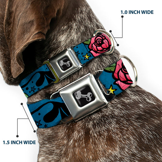 Dog Bone Seatbelt Buckle Collar - Mom & Dad CLOSE-UP Blue w/Sparrows