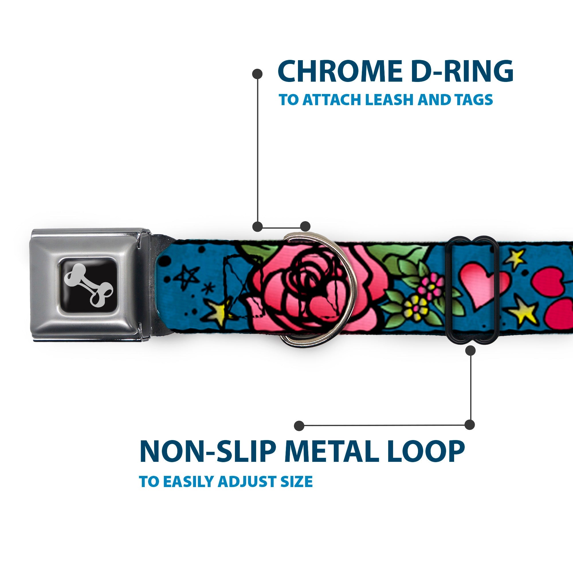 Dog Bone Seatbelt Buckle Collar - Mom & Dad CLOSE-UP Blue w/Sparrows