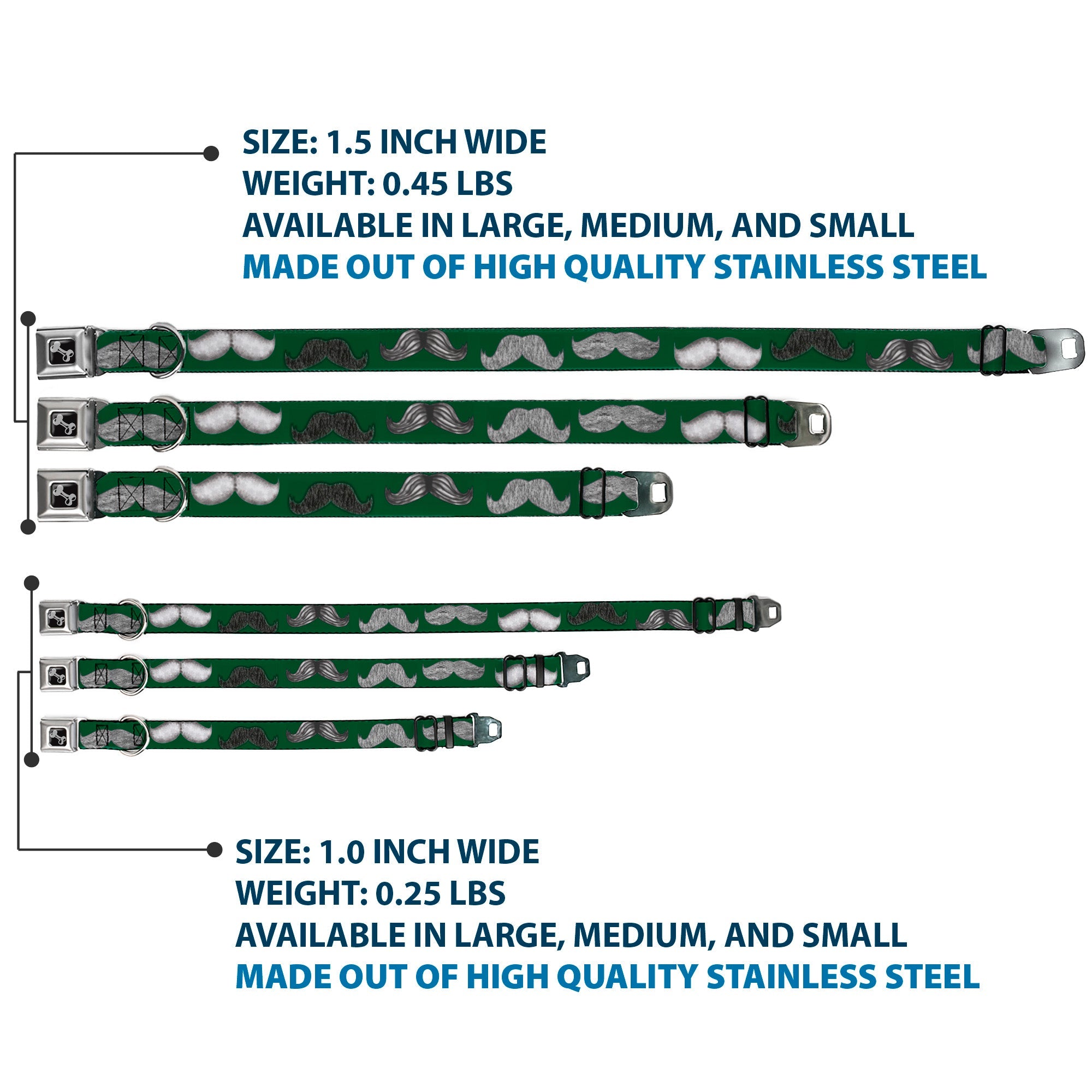 Dog Bone Seatbelt Buckle Collar - Mustaches Green/Sketch
