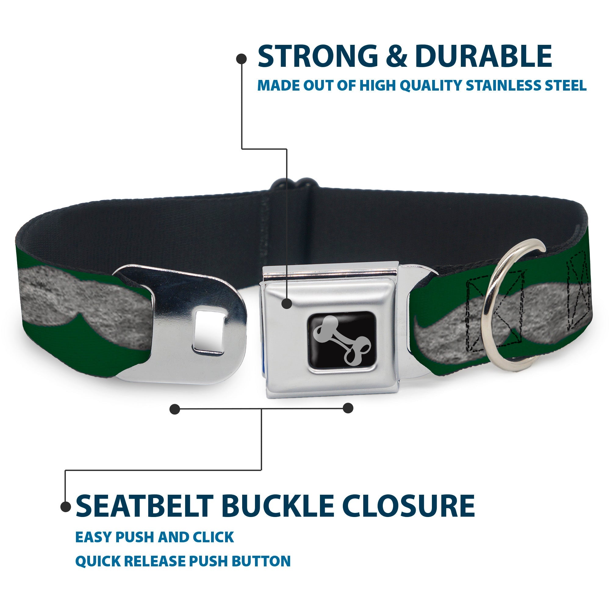 Dog Bone Seatbelt Buckle Collar - Mustaches Green/Sketch