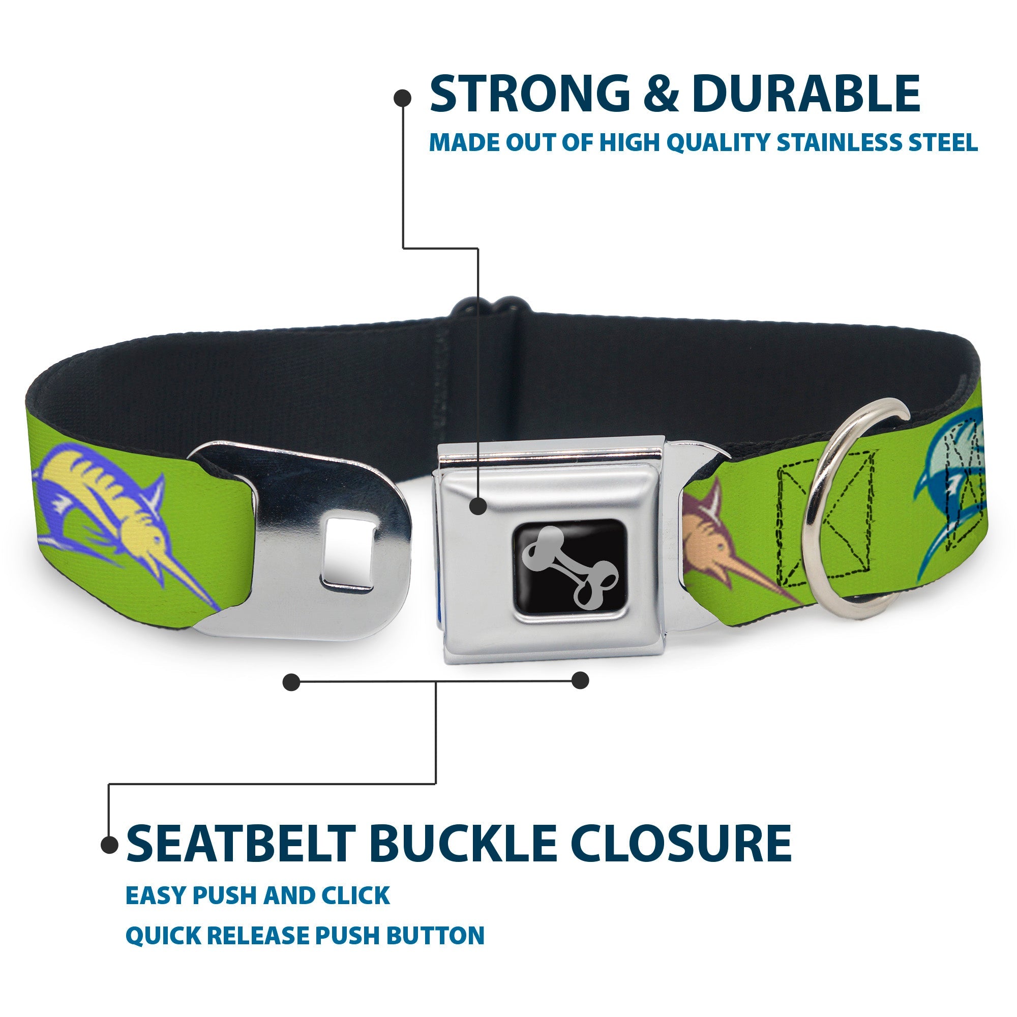 Dog Bone Seatbelt Buckle Collar - Marlin Green/Multi Color
