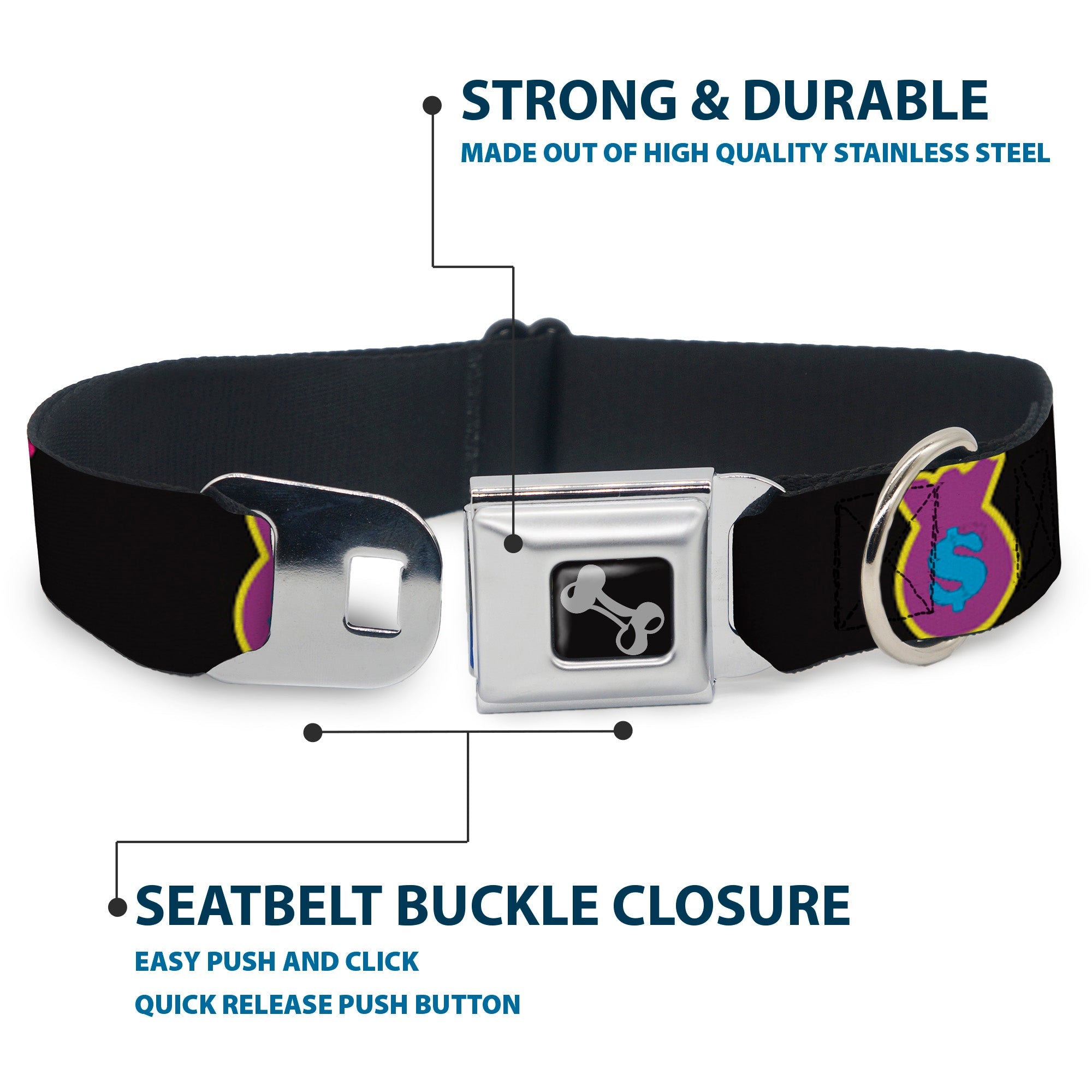 Dog Bone Seatbelt Buckle Collar - Money Bags Black/Multi Color