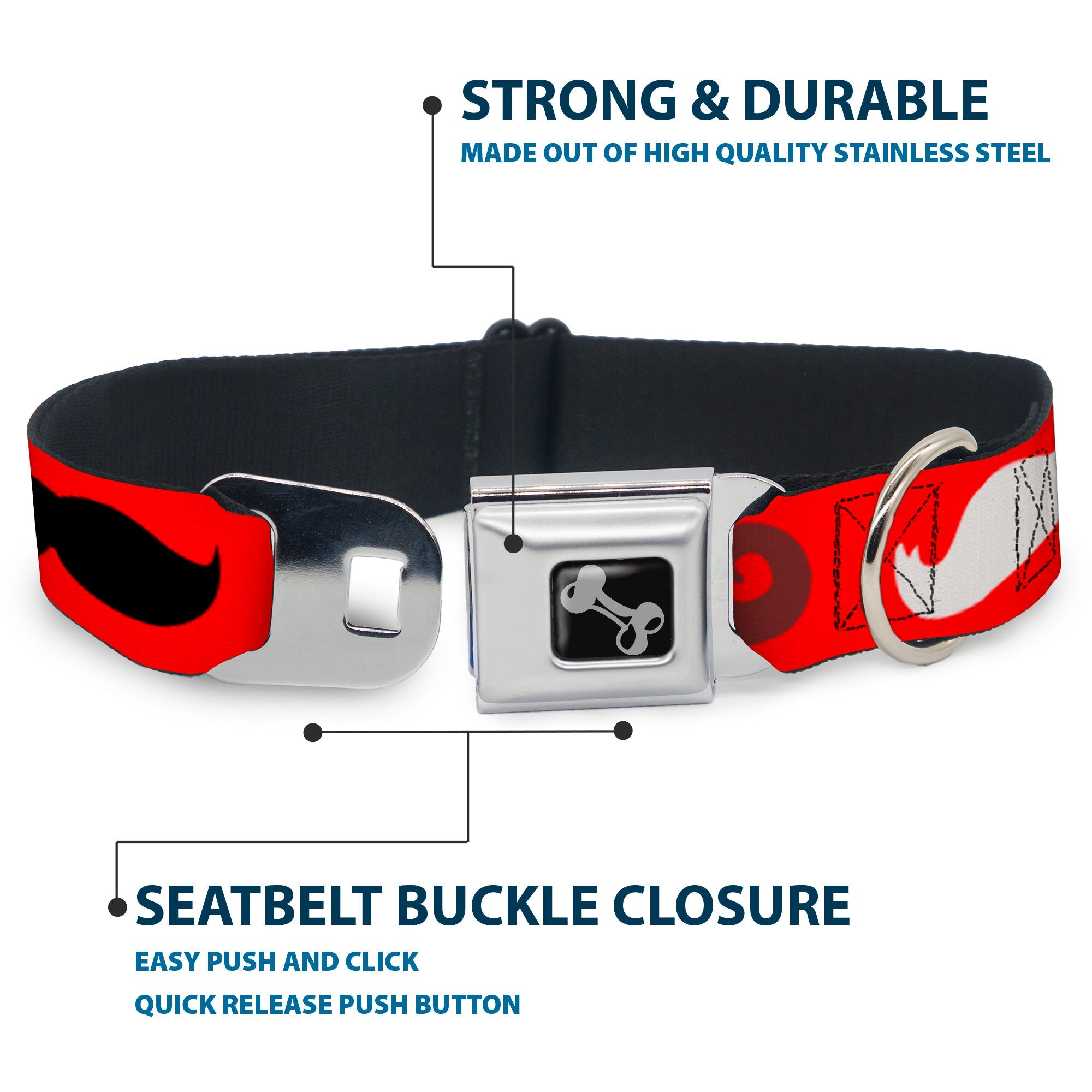 Dog Bone Seatbelt Buckle Collar - Mustaches Red/Brown/White/Black