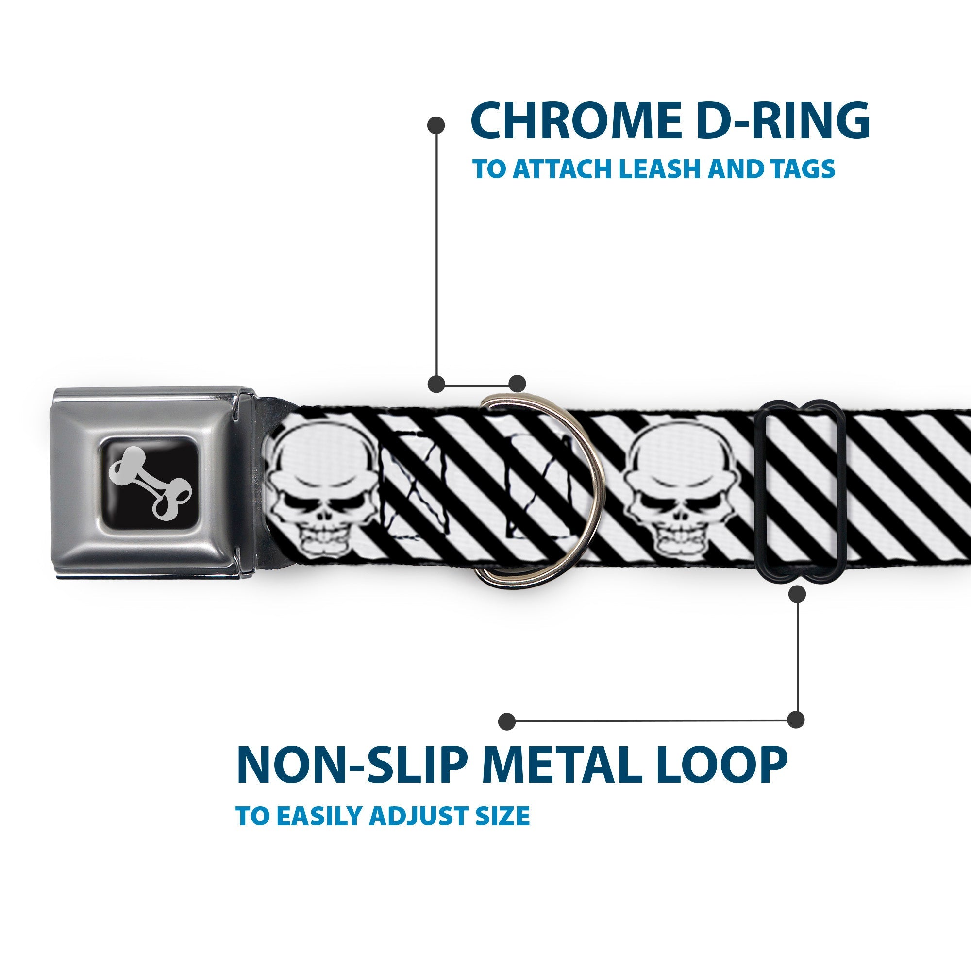 Dog Bone Seatbelt Buckle Collar - Metal Skull Black/White