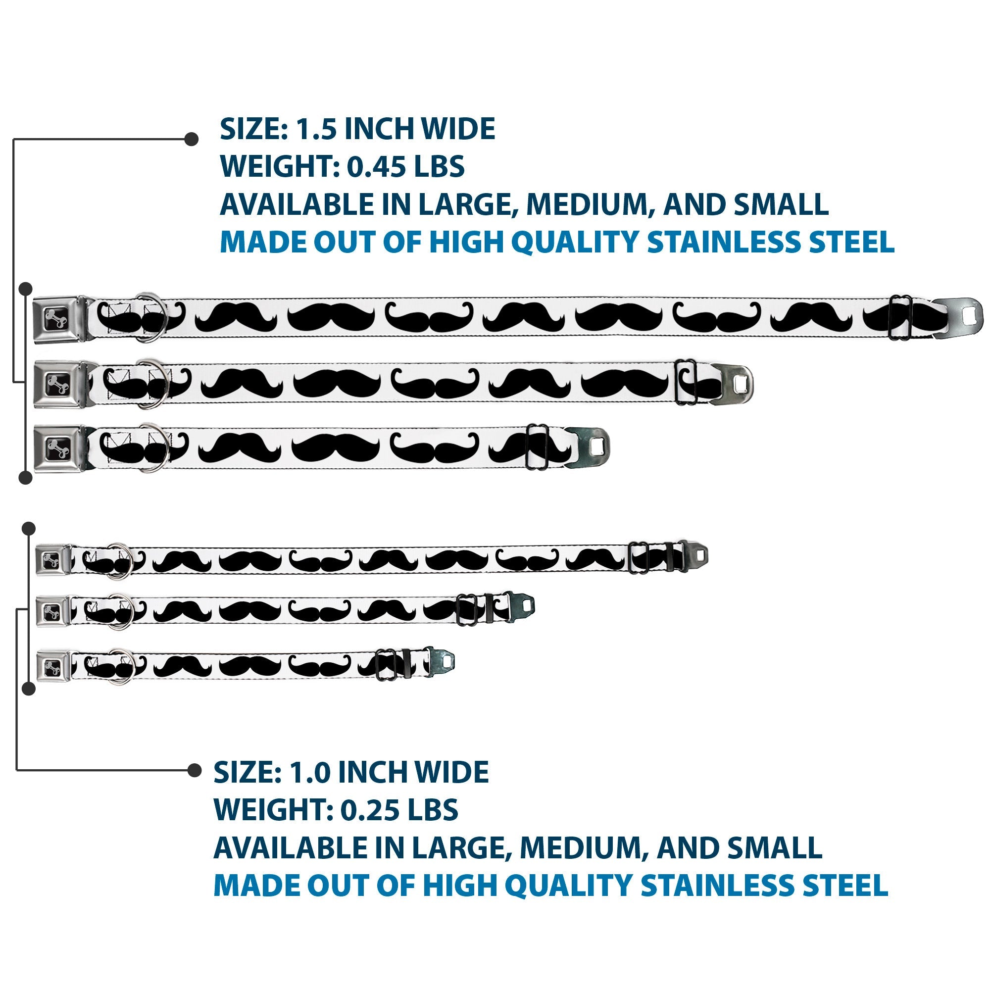 Dog Bone Seatbelt Buckle Collar - Multi Mustaches Sketch White/Black