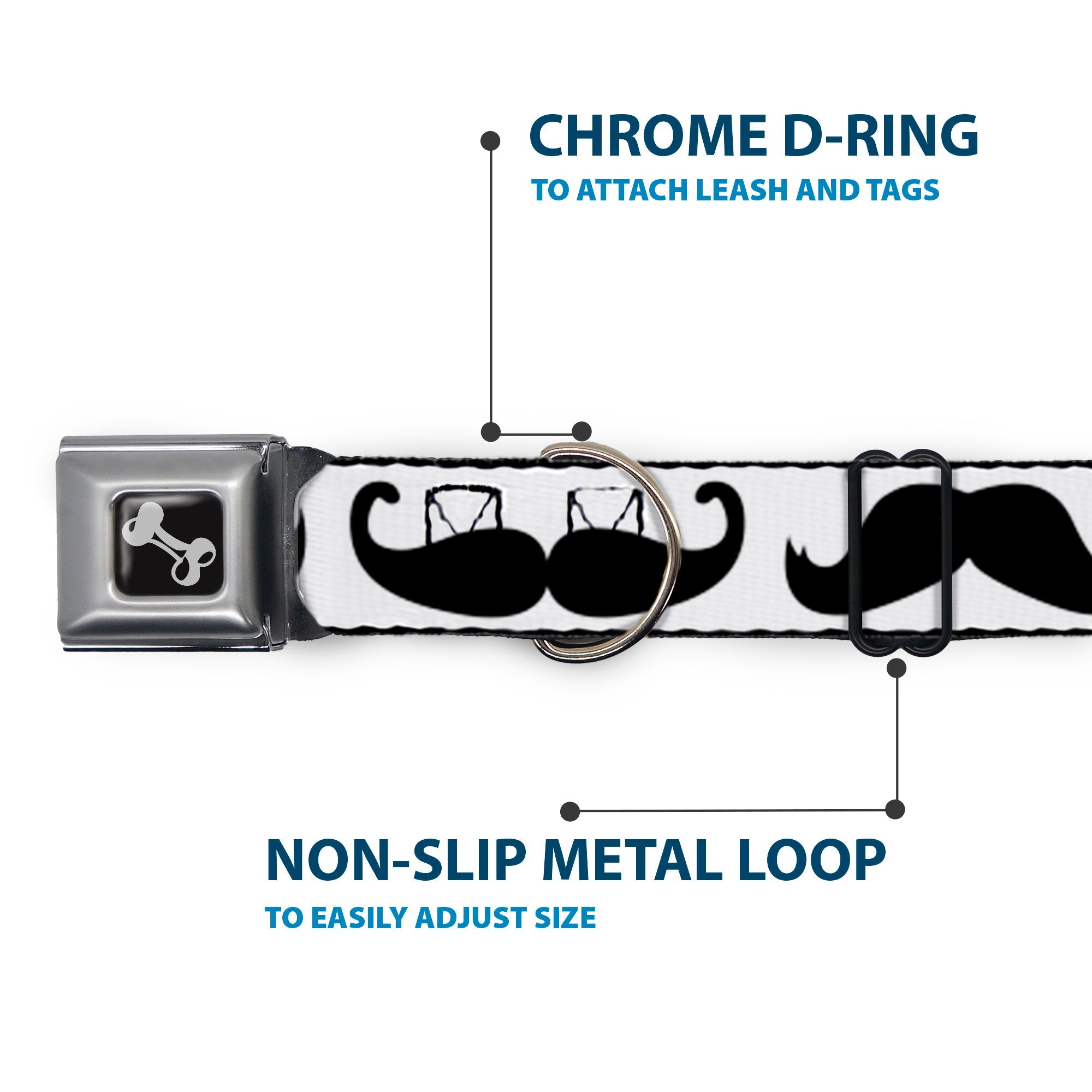 Dog Bone Seatbelt Buckle Collar - Multi Mustaches Sketch White/Black