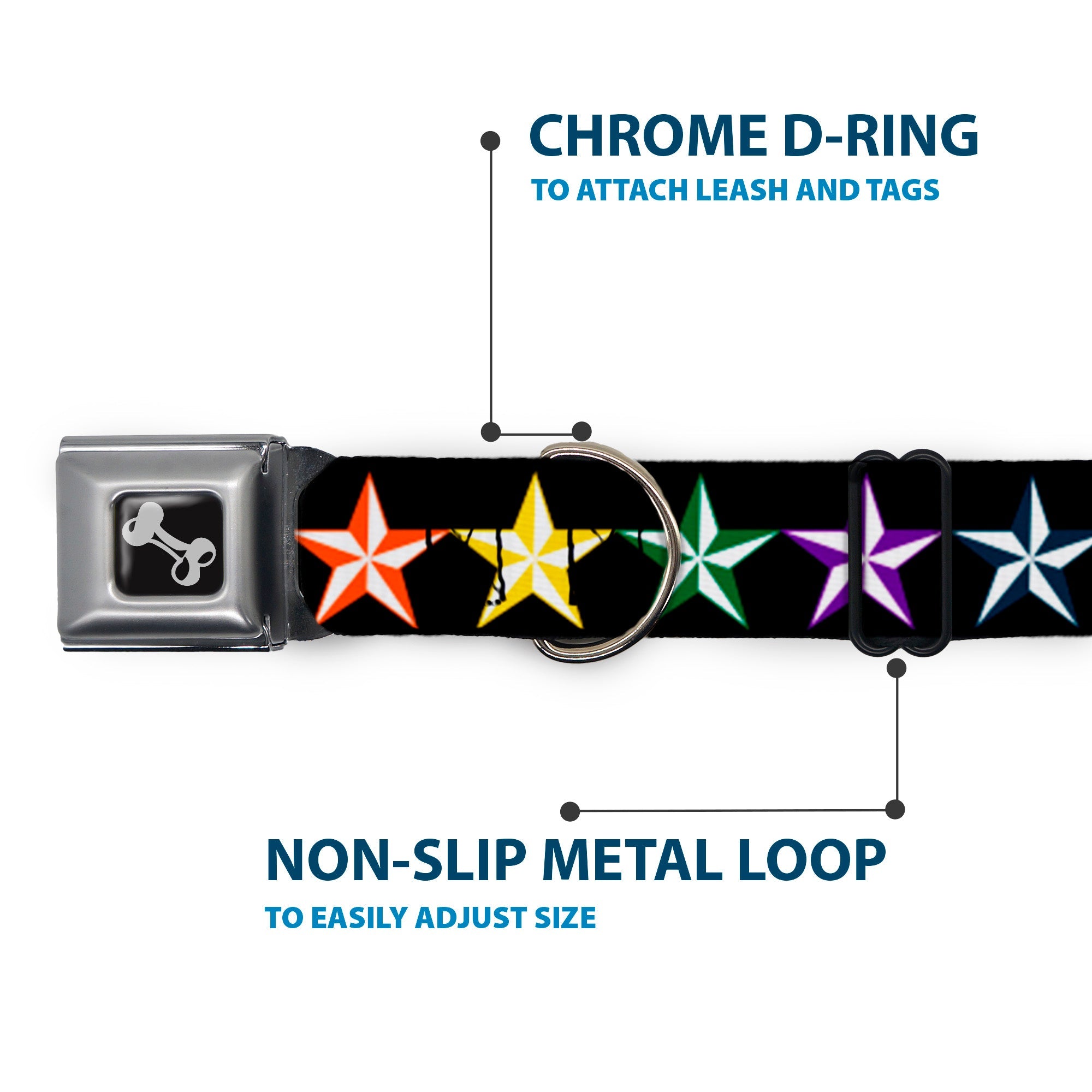 Dog Bone Seatbelt Buckle Collar - Nautical Star Black/Multi Color