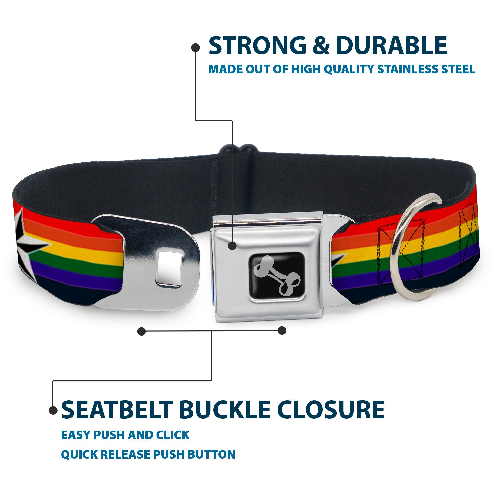 Dog Bone Seatbelt Buckle Collar - Nautical Star Rainbow/White/Black