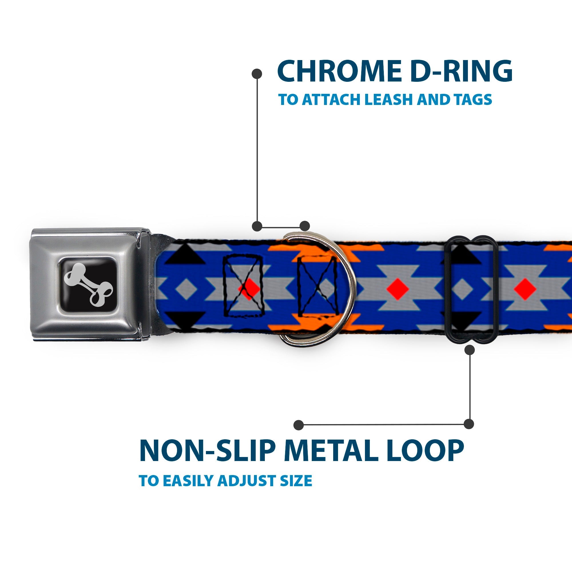 Dog Bone Seatbelt Buckle Collar - Navajo Gray/Blue/Orange/Black