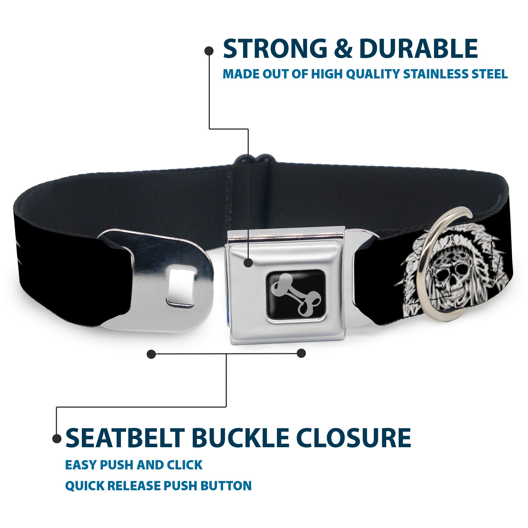 Dog Bone Seatbelt Buckle Collar - Native American Skull Black/White