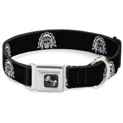Dog Bone Seatbelt Buckle Collar - Native American Skull Black/White