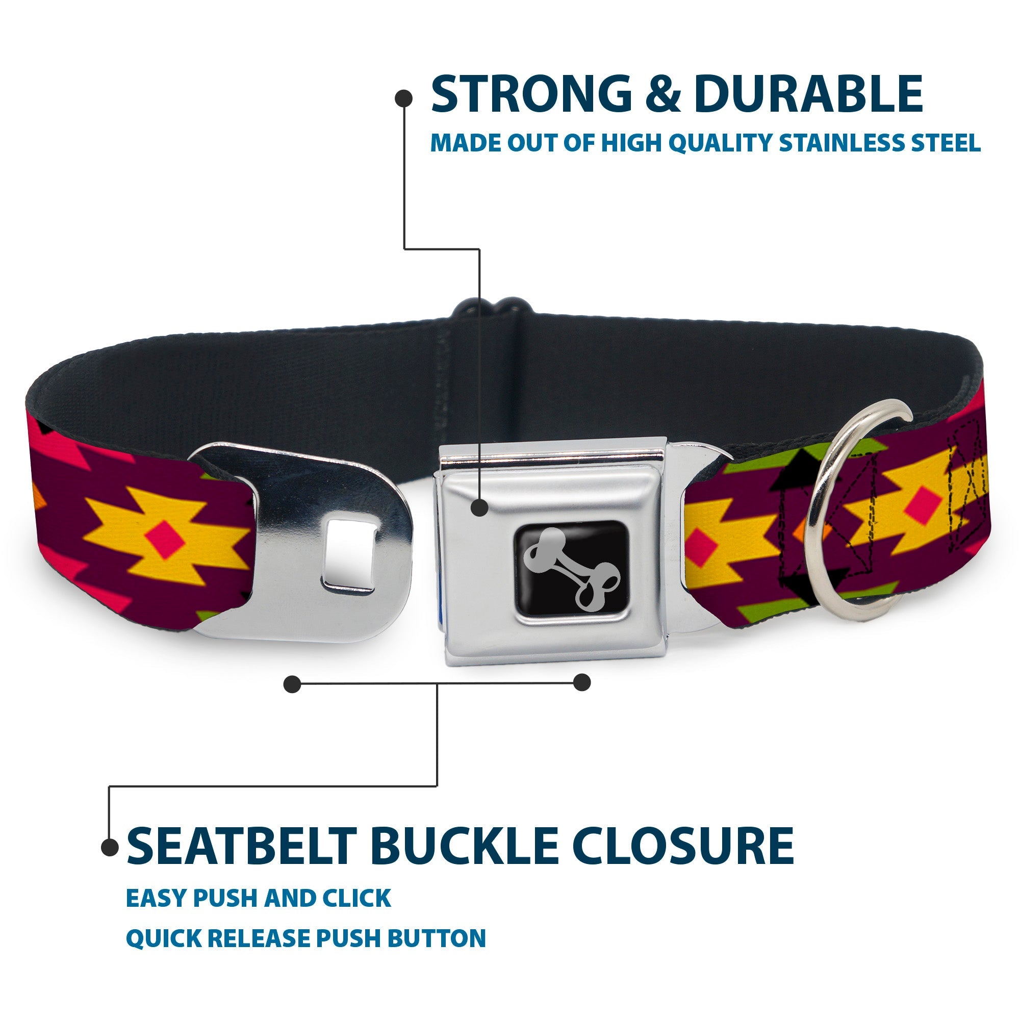 Dog Bone Seatbelt Buckle Collar - Navajo Orange/Purple/Yellow/Pink/Green/Black