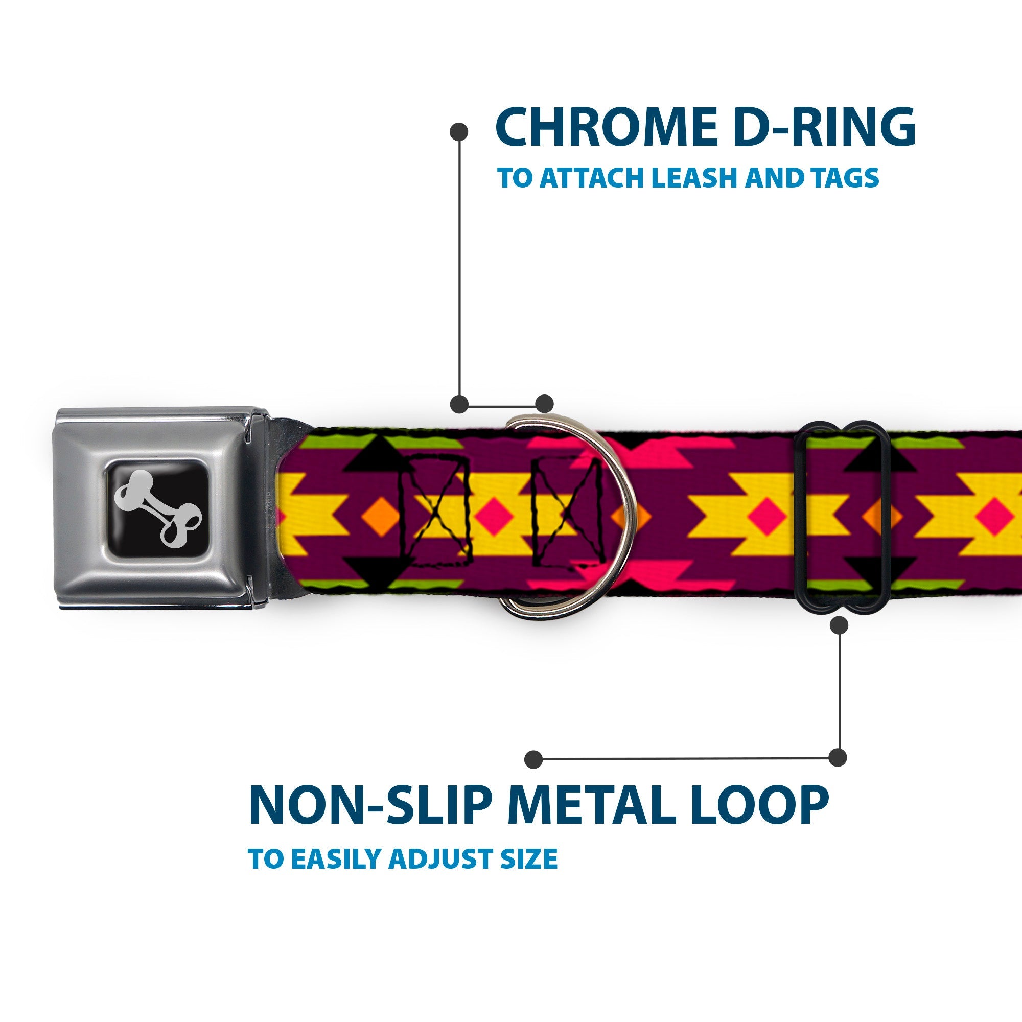 Dog Bone Seatbelt Buckle Collar - Navajo Orange/Purple/Yellow/Pink/Green/Black