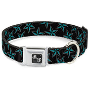 Dog Bone Seatbelt Buckle Collar - Nautical Stars Scattered Black/Turquoise