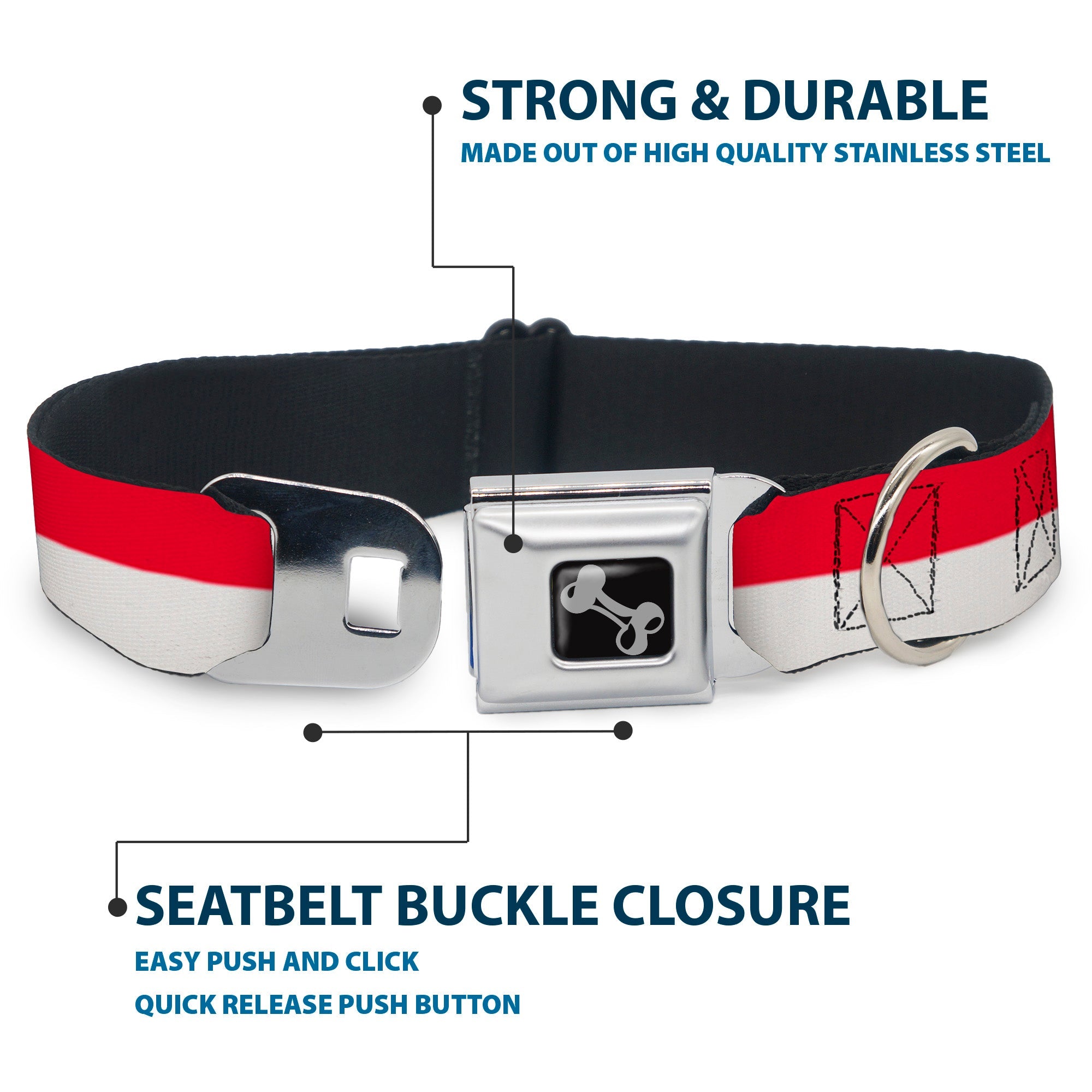 Dog Bone Seatbelt Buckle Collar - North Carolina Flag Stripe Red/White