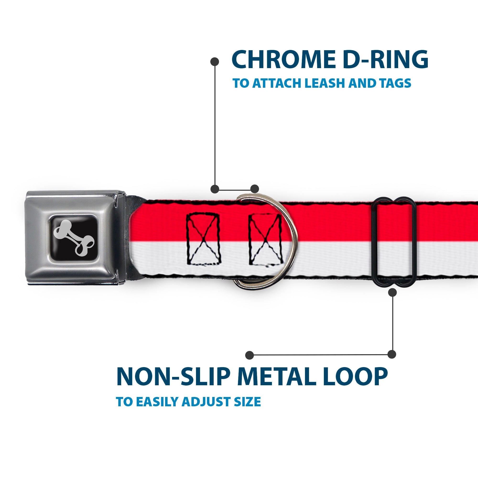 Dog Bone Seatbelt Buckle Collar - North Carolina Flag Stripe Red/White