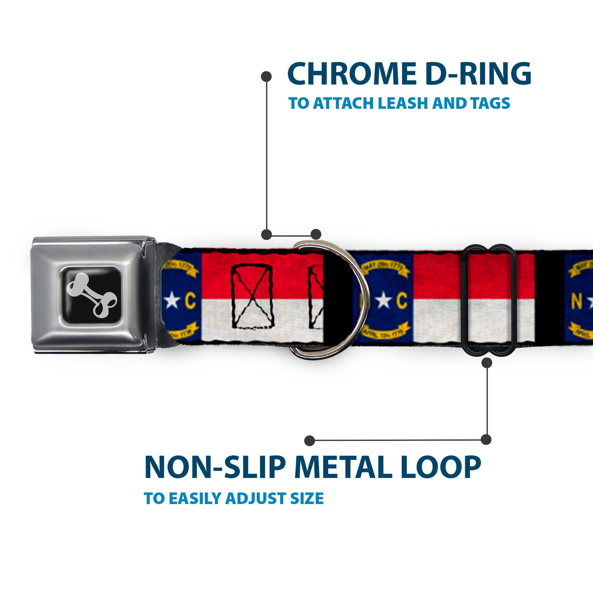 Dog Bone Seatbelt Buckle Collar - North Carolina Flag Distressed/Black