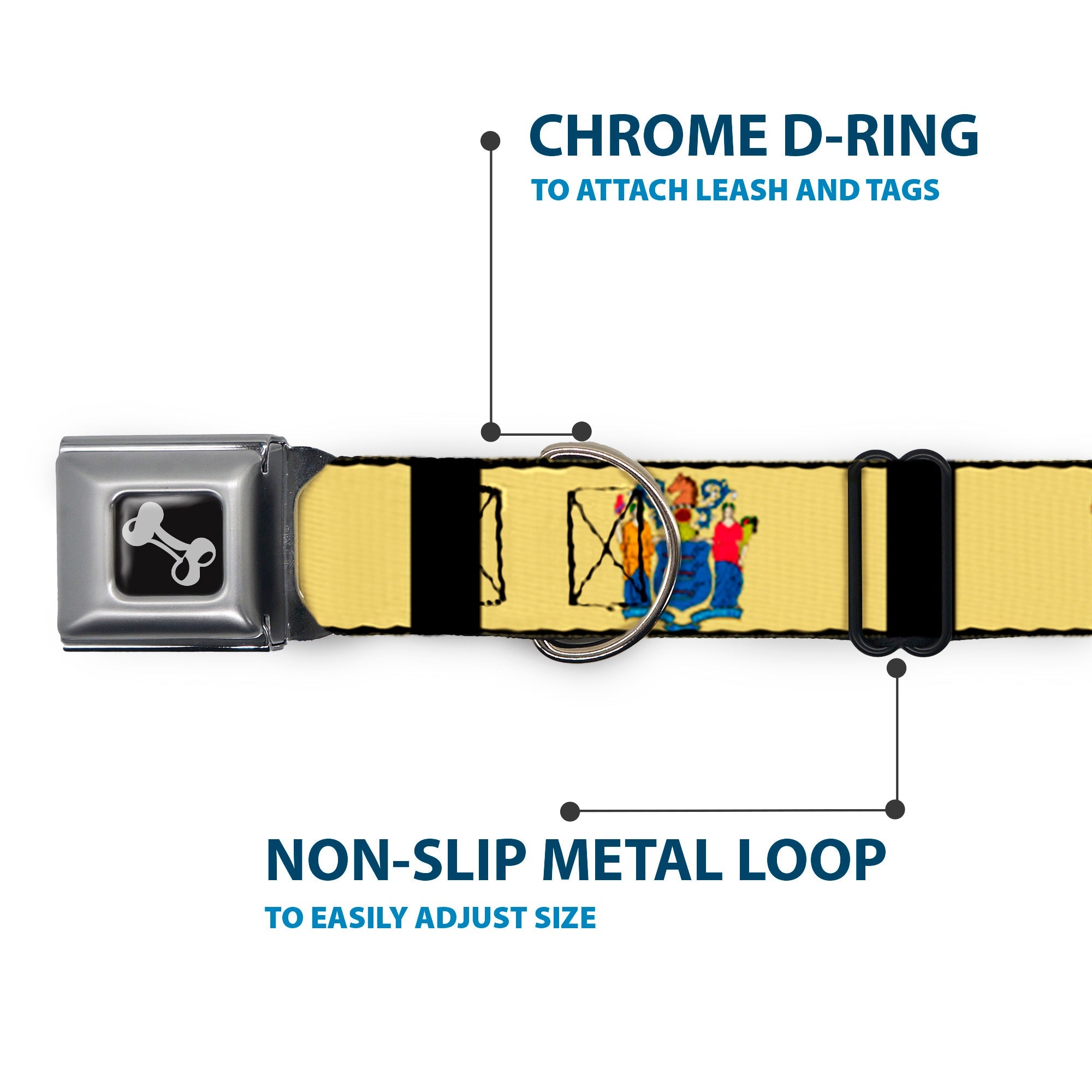 Dog Bone Seatbelt Buckle Collar - New Jersey Flags/Black