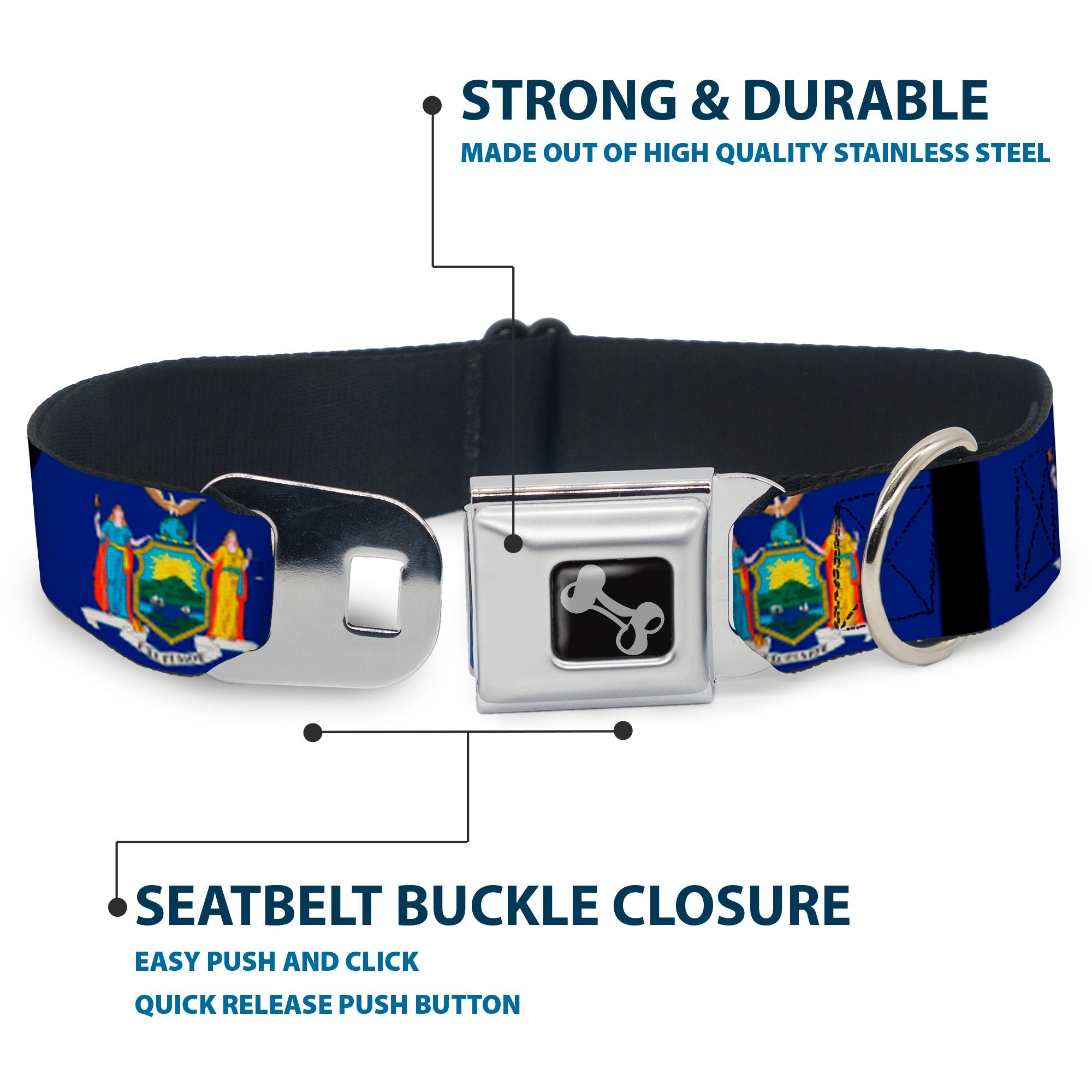Dog Bone Seatbelt Buckle Collar - New York Flags/Black