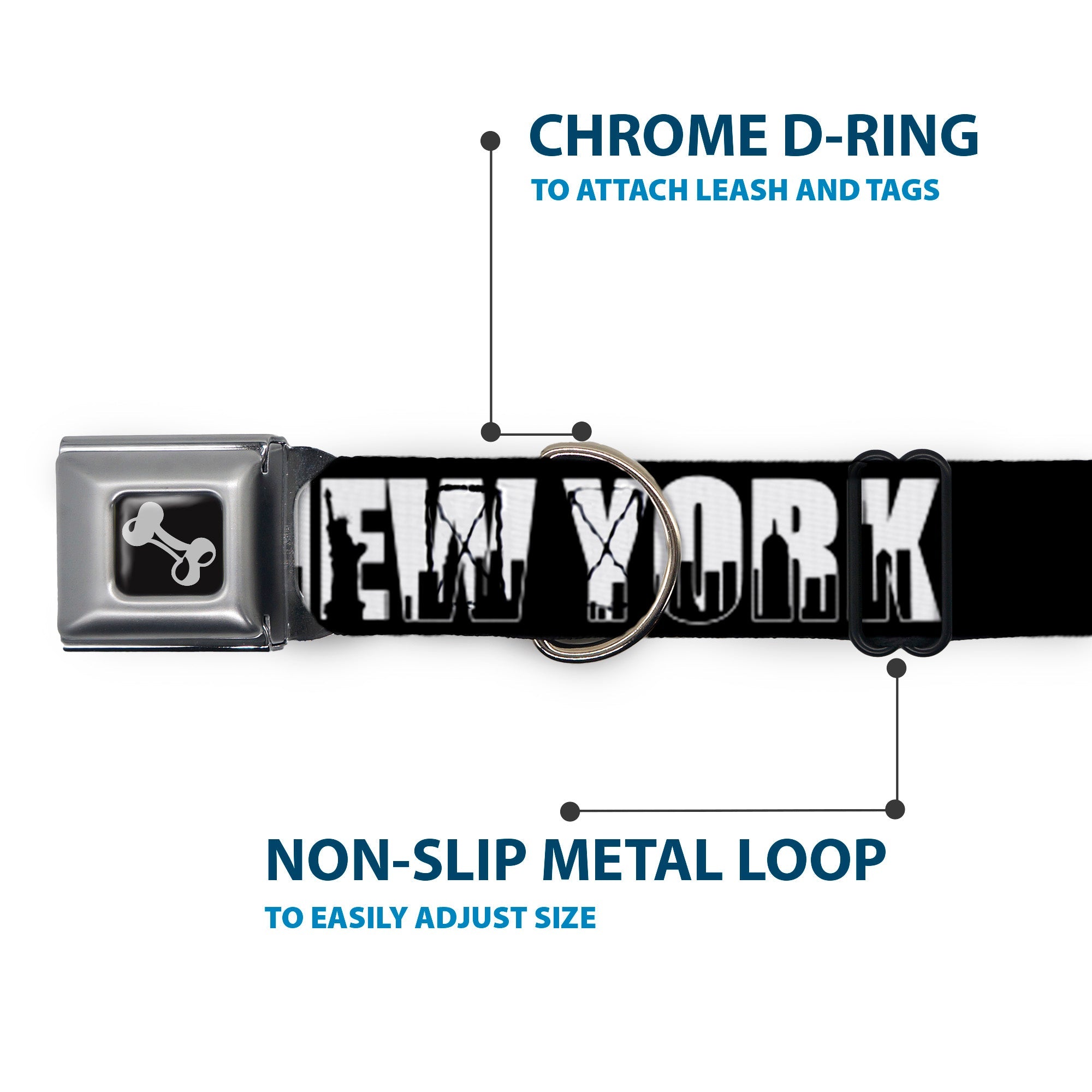 Dog Bone Seatbelt Buckle Collar - NEW YORK Bold/Skyline Silhouette Black/White/Black