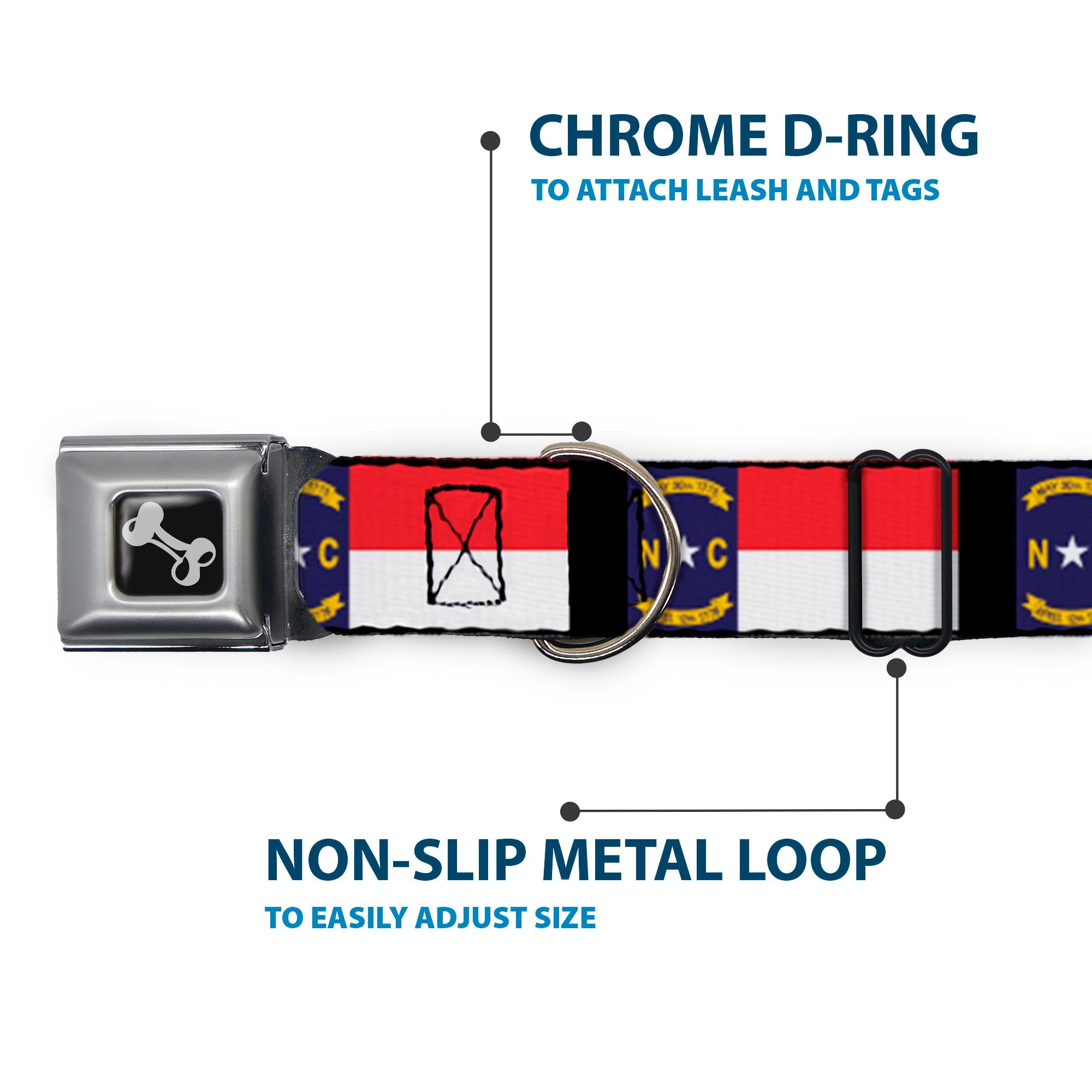 Dog Bone Seatbelt Buckle Collar - North Carolina Flag/Black