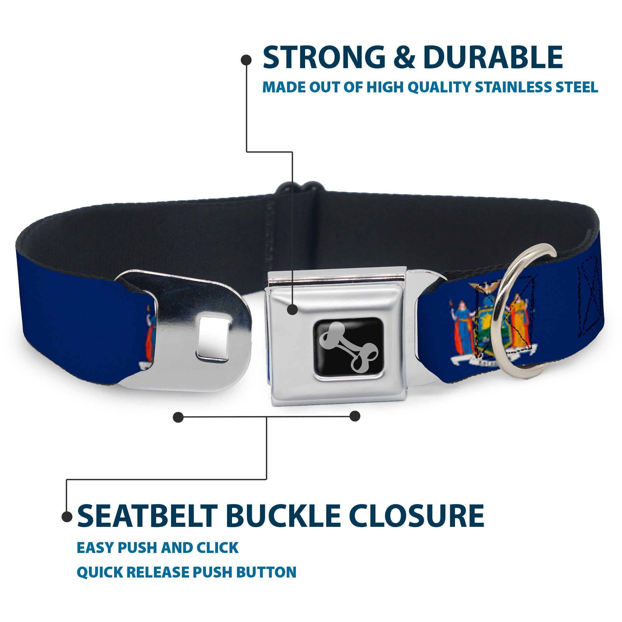 Dog Bone Black/Silver Seatbelt Buckle Collar - New York Flag Continuous