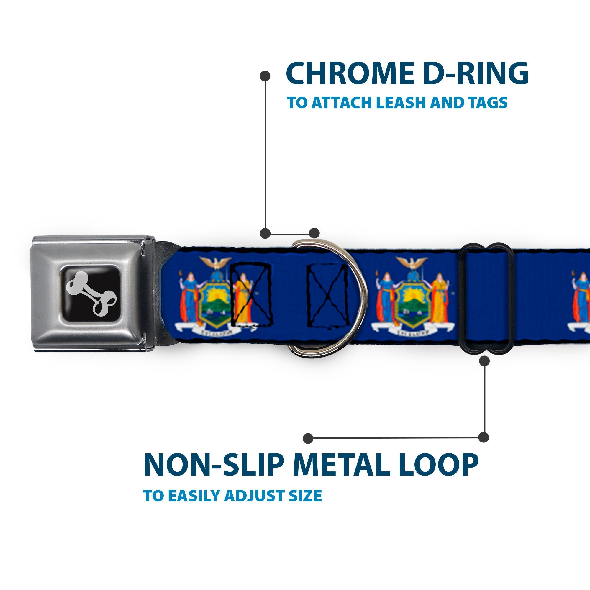 Dog Bone Black/Silver Seatbelt Buckle Collar - New York Flag Continuous