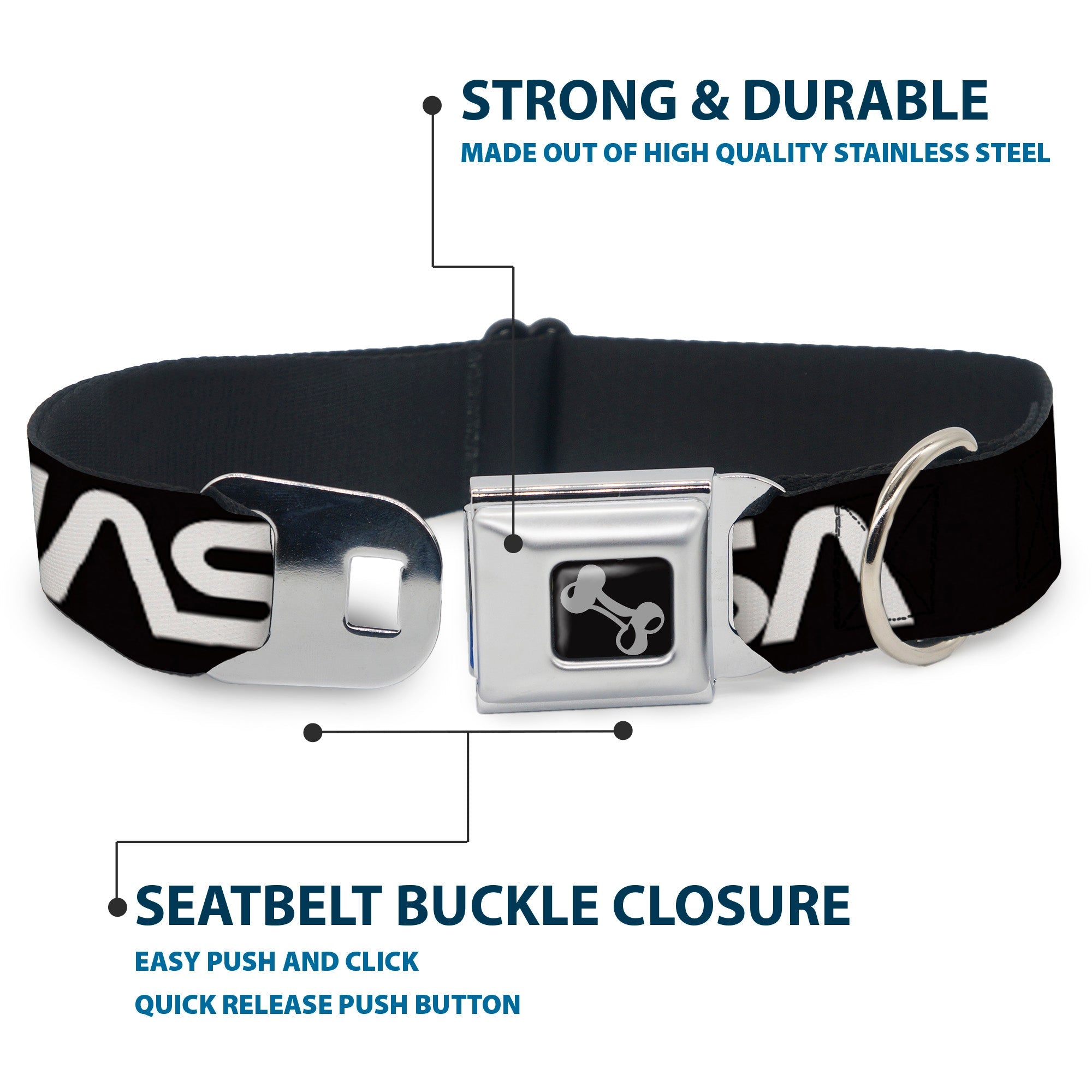 Dog Bone Black/Silver Seatbelt Buckle Collar - NASA Text Black/White