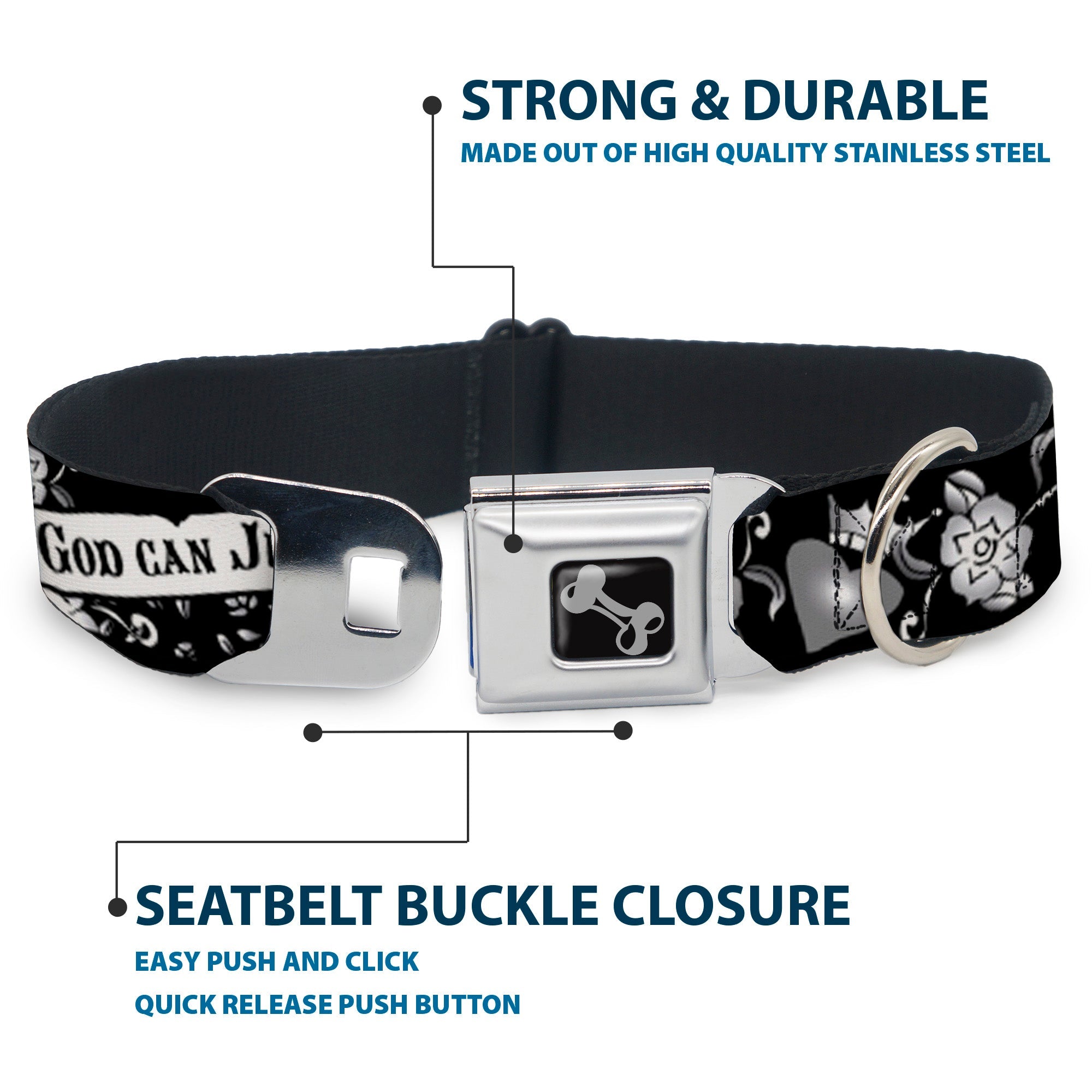 Dog Bone Seatbelt Buckle Collar - Only God Can Judge Me Black/White