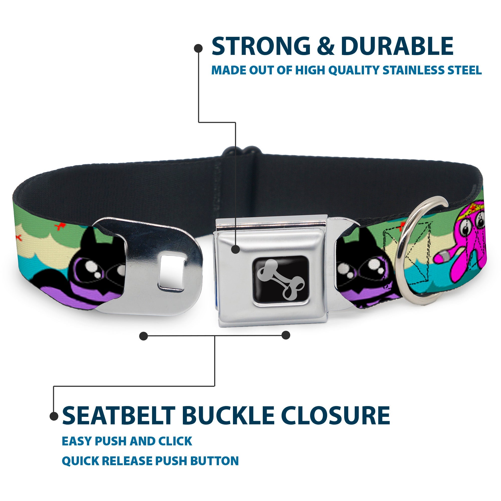 Dog Bone Seatbelt Buckle Collar - Octopus Superhero Cartoon