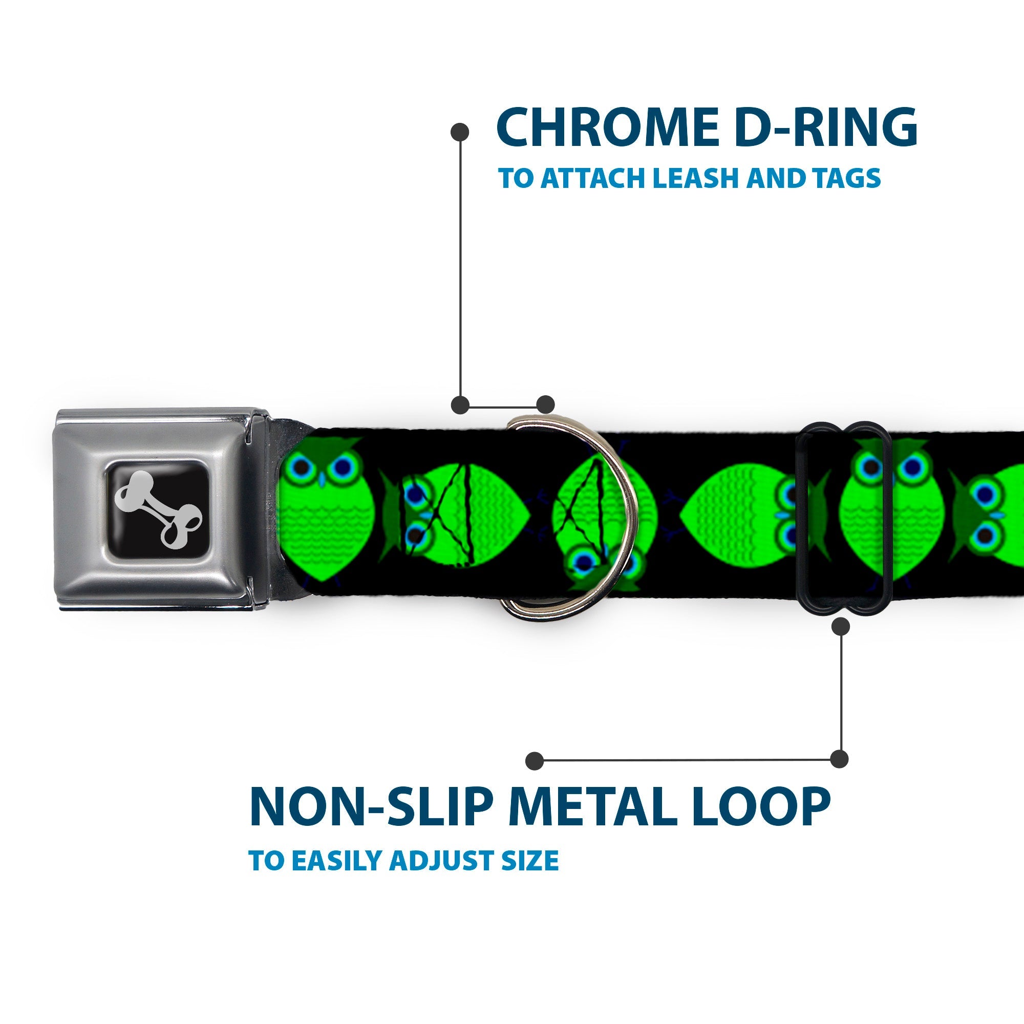 Dog Bone Seatbelt Buckle Collar - Owls Spin Black/Green