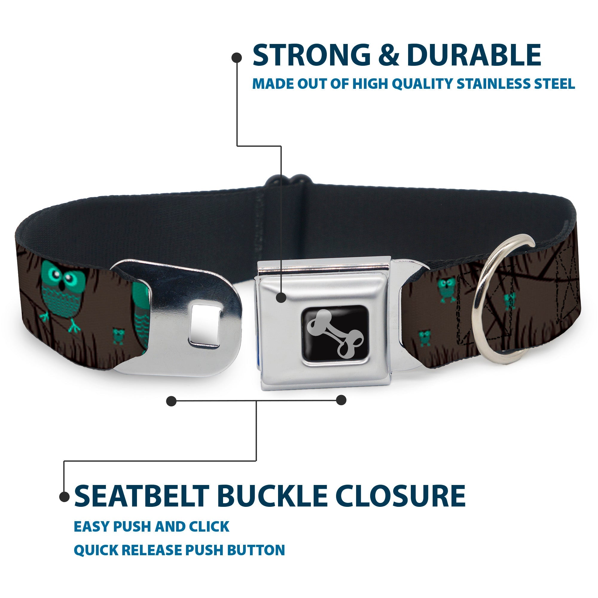Dog Bone Seatbelt Buckle Collar - Owls in Trees Turquoise