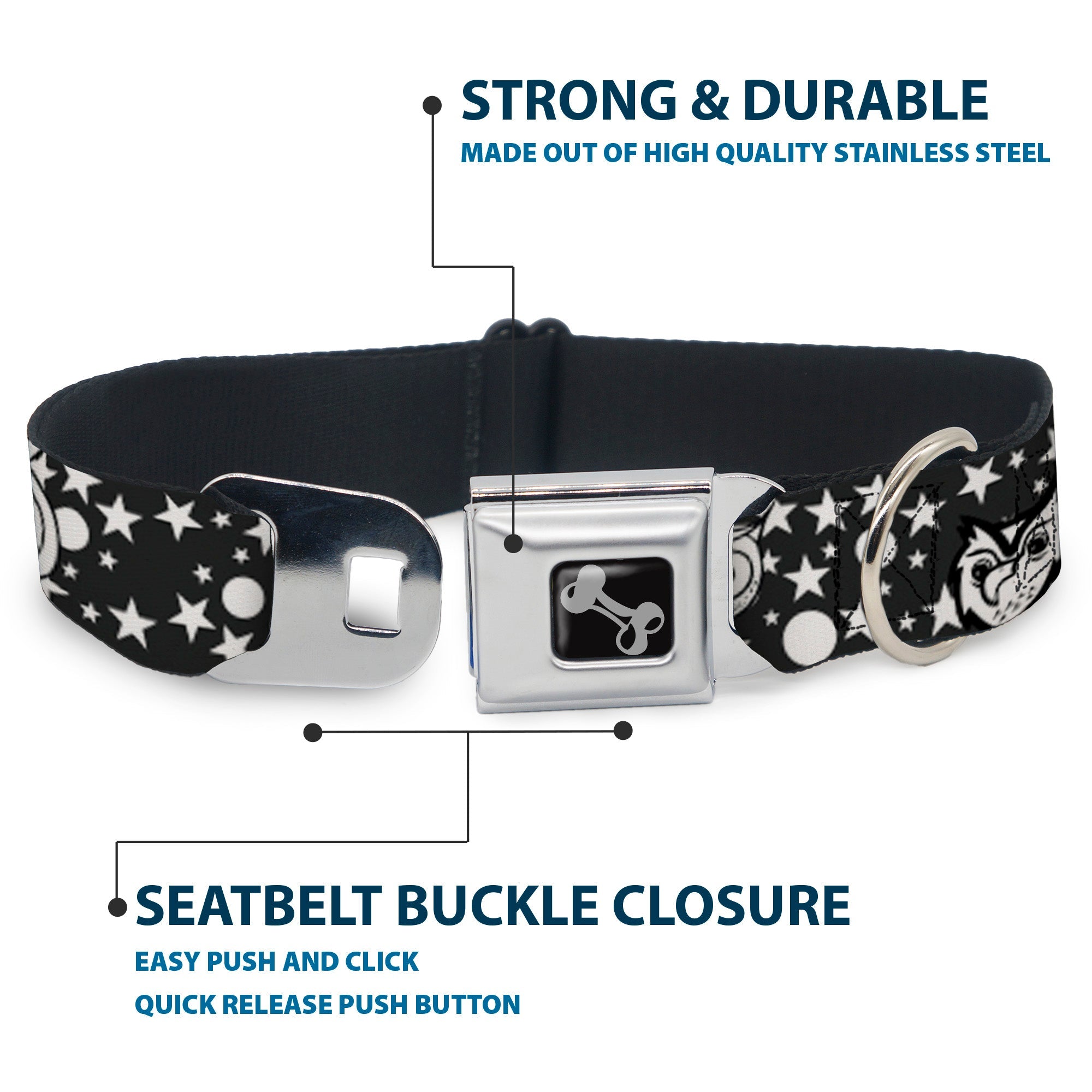 Dog Bone Seatbelt Buckle Collar - Owl Expressions Black/White