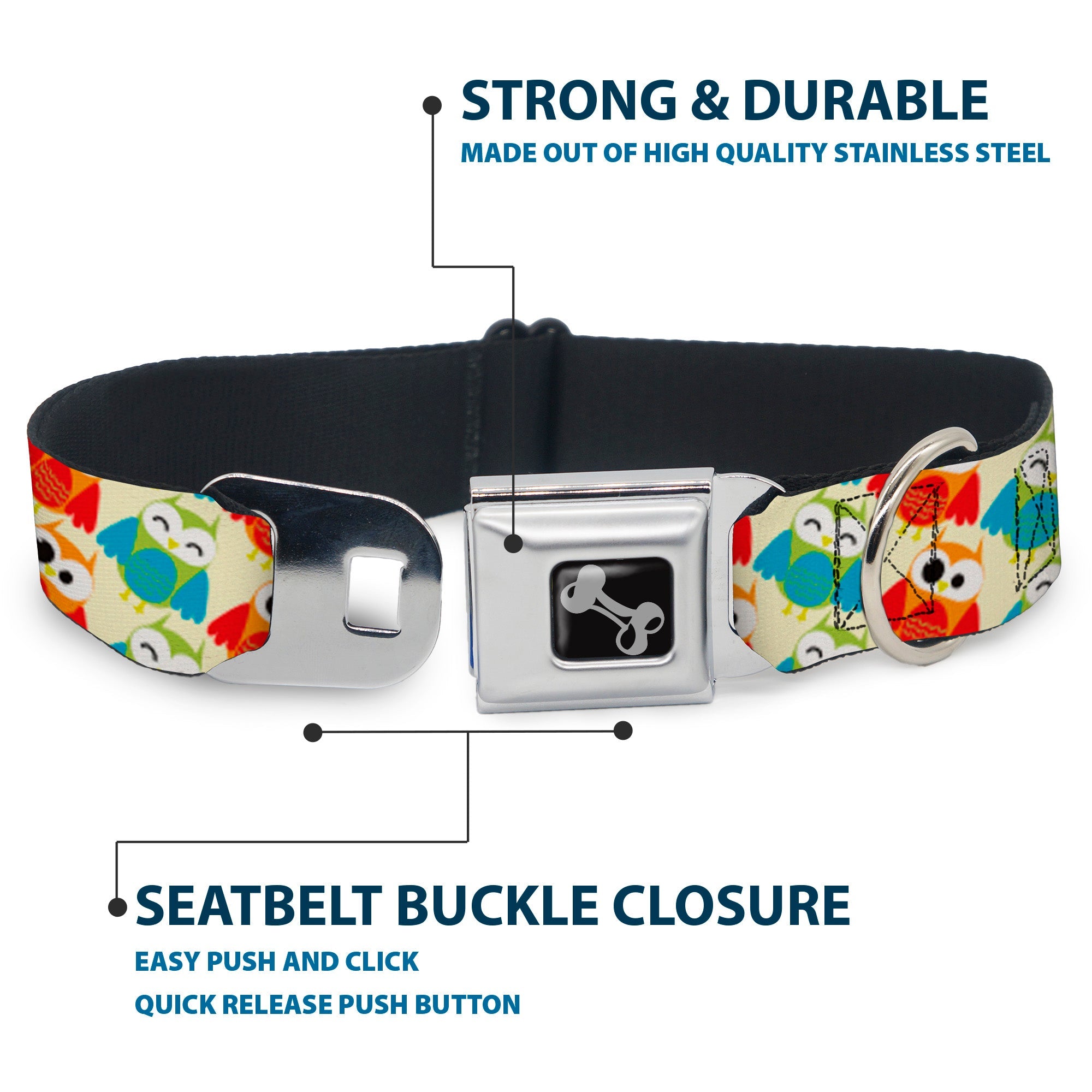Dog Bone Seatbelt Buckle Collar - Owl Eyes Yellow/Reds/Blues