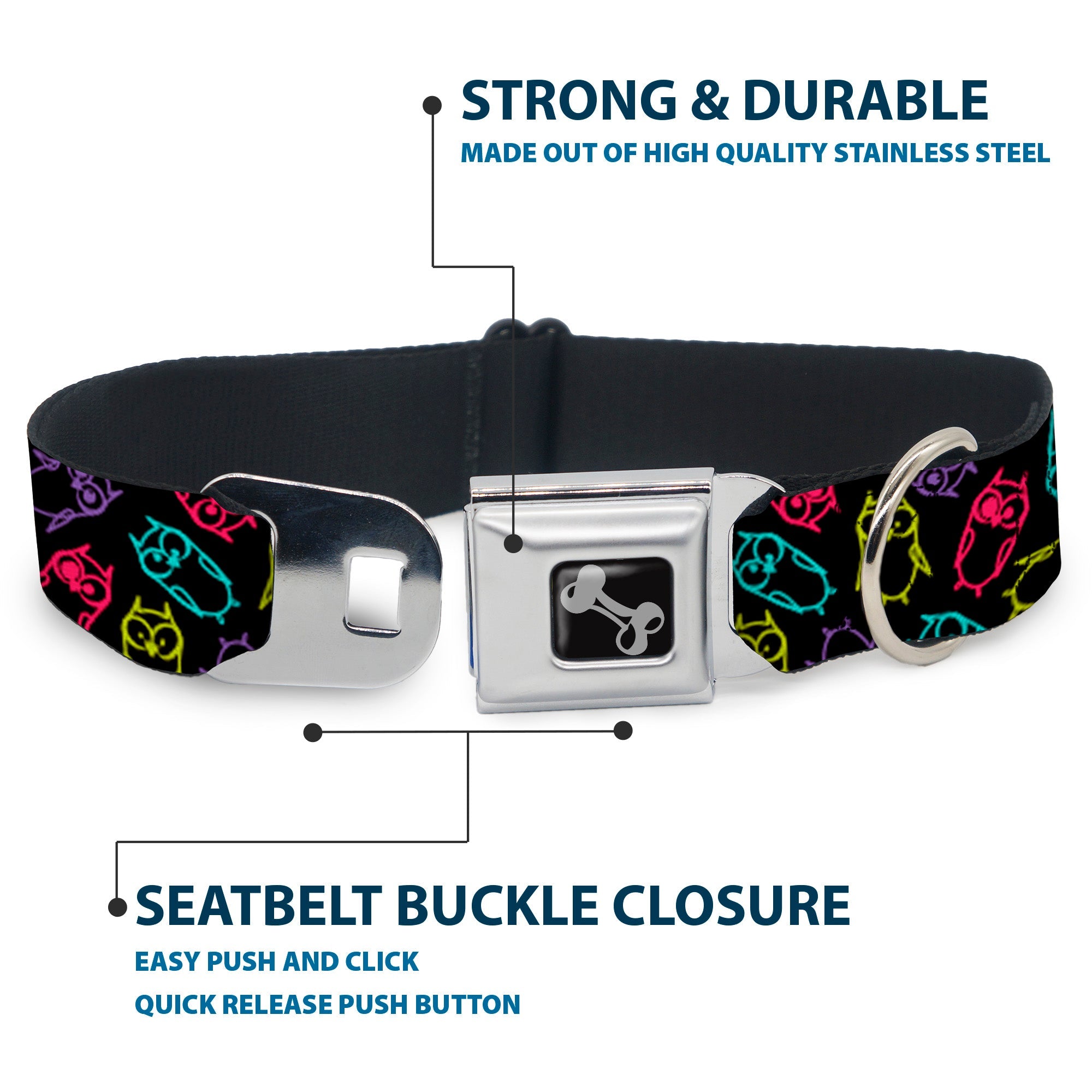 Dog Bone Seatbelt Buckle Collar - Owl Sketch Black/Multi Color