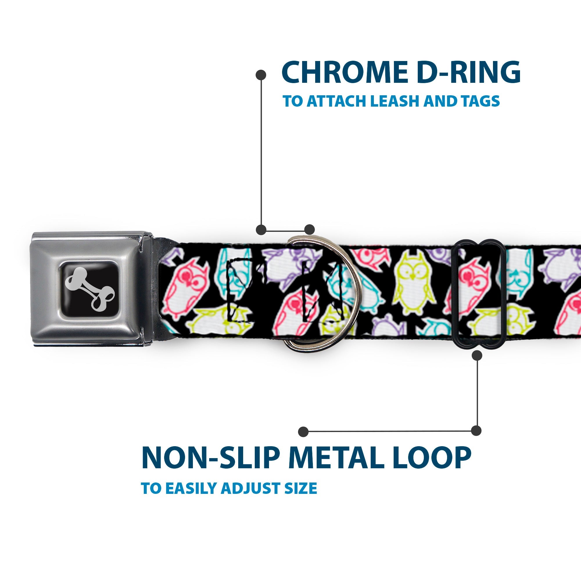 Dog Bone Seatbelt Buckle Collar - Owl Sketch Black/White/Multi Color