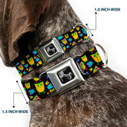 Dog Bone Seatbelt Buckle Collar - Owls Black/Multi Neon