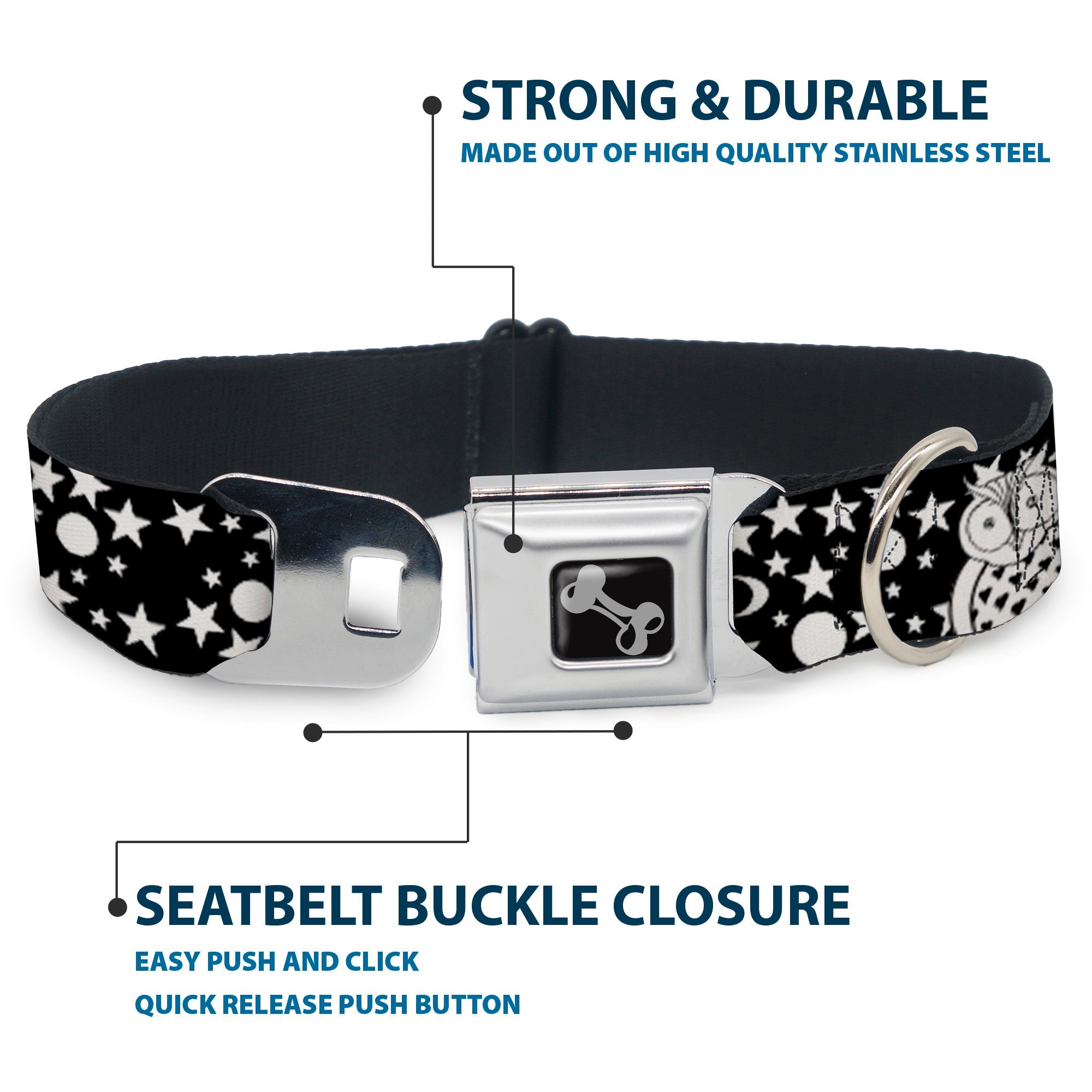 Dog Bone Seatbelt Buckle Collar - Owls Black/White3