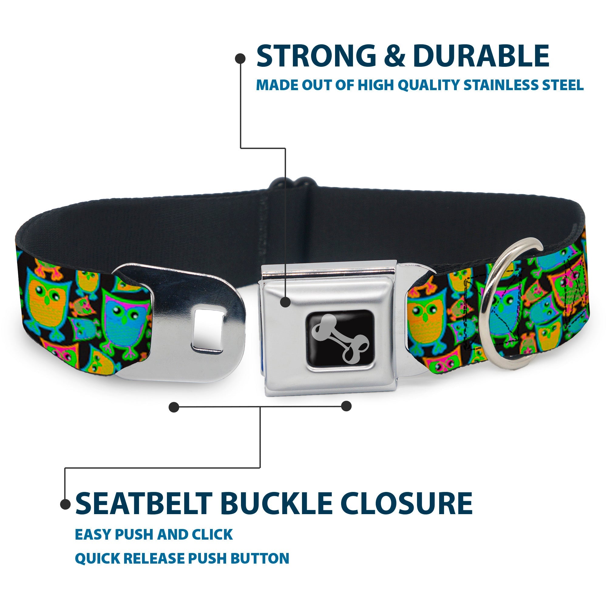 Dog Bone Seatbelt Buckle Collar - Owls w/Outline Black/Multi Neon