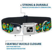 Dog Bone Seatbelt Buckle Collar - Owls w/Outline Black/Multi Neon