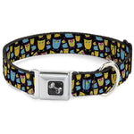Dog Bone Seatbelt Buckle Collar - Owls w/Outline Black/Multi Neon