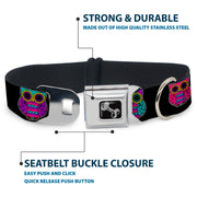 Dog Bone Seatbelt Buckle Collar - Owls Black/Fuchsia/Purple/Turquoise