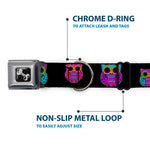 Dog Bone Seatbelt Buckle Collar - Owls Black/Fuchsia/Purple/Turquoise