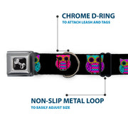 Dog Bone Seatbelt Buckle Collar - Owls Black/Fuchsia/Purple/Turquoise