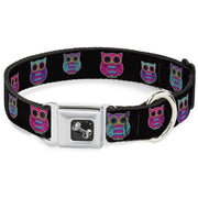 Dog Bone Seatbelt Buckle Collar - Owls Black/Fuchsia/Purple/Turquoise