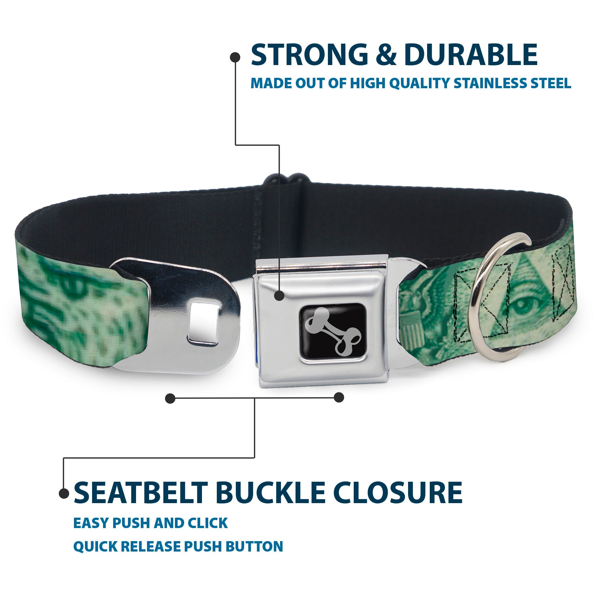 Dog Bone Seatbelt Buckle Collar - One Dollar Bill Eye of Providence/Bald Eagle CLOSE-UP
