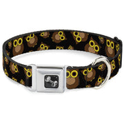 Dog Bone Seatbelt Buckle Collar - Owls Scattered Black/Brown/Yellow
