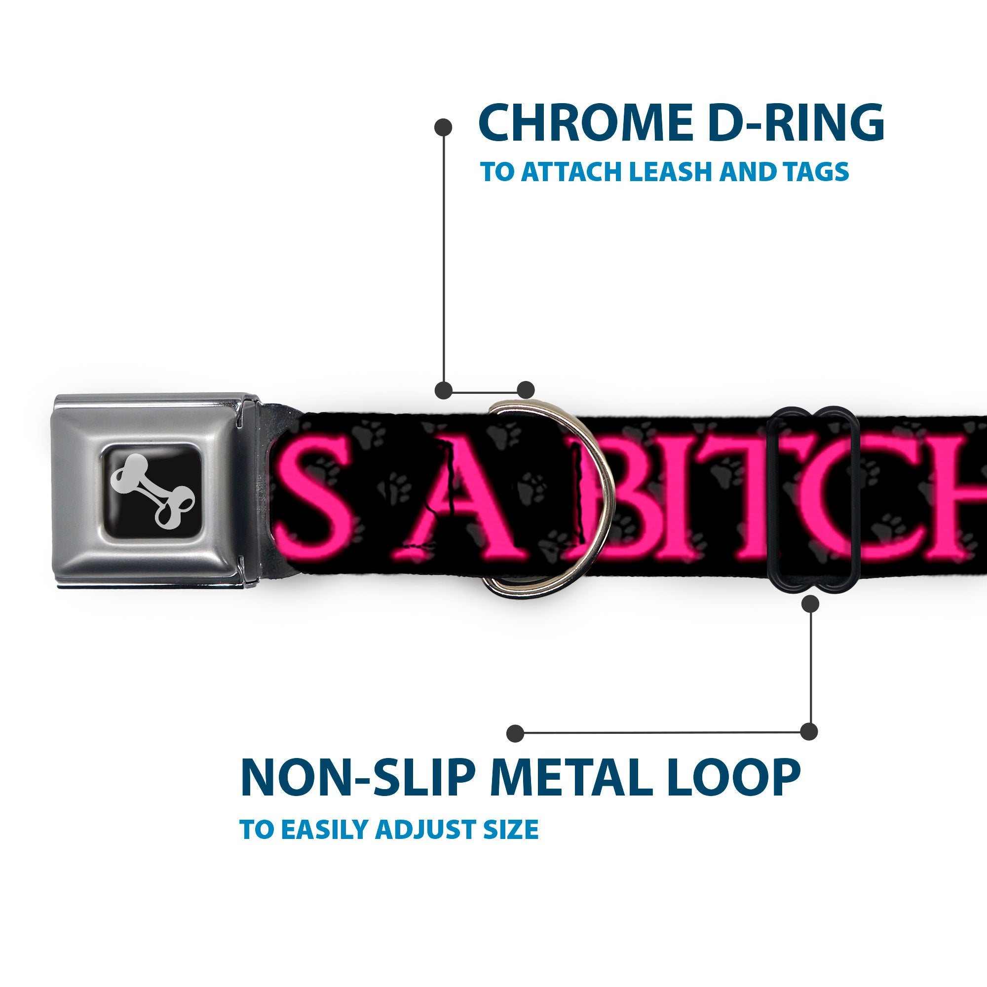 Buckle-Down Seatbelt Buckle Dog Collar - ONE OF US IS A BITCH Crown/Paws Black/Gray/Pink
