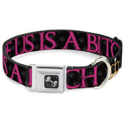 Buckle-Down Seatbelt Buckle Dog Collar - ONE OF US IS A BITCH Crown/Paws Black/Gray/Pink